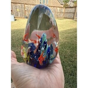 Vintage 4" Tear Drop Glass Paperweight Multicolor Fish Aquarium